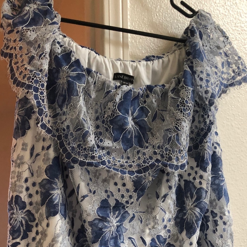 Off the shoulder blue and white top